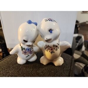 2- Baby Chicks White Porcelain Ceramic‎ Figurine 5 Inches Tall Big Blue Eyes